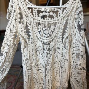 Ivory Embroidered Sheer Boho Blouse – Festival Peasant Top – Romantic Lace – Sma